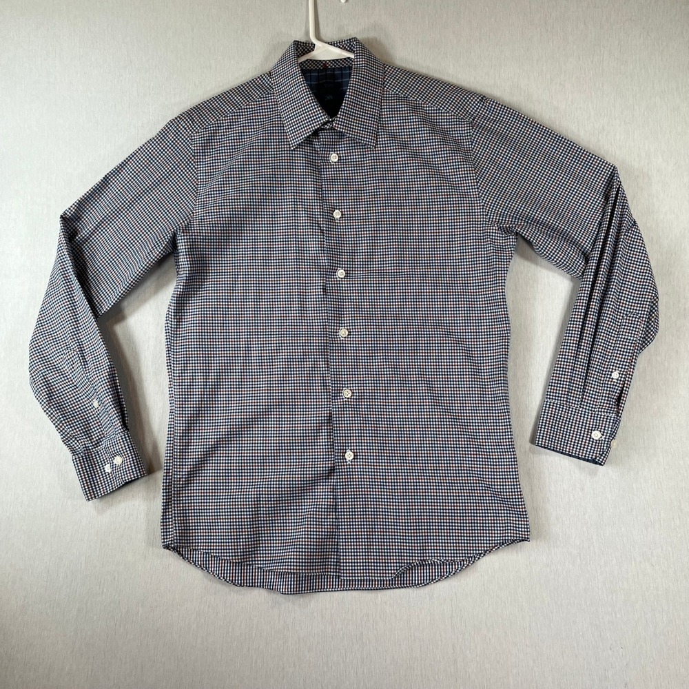 Egara Dress Shirt Mens M Non-Iron Slim Fit Blue Orange Gingham Check Stretch